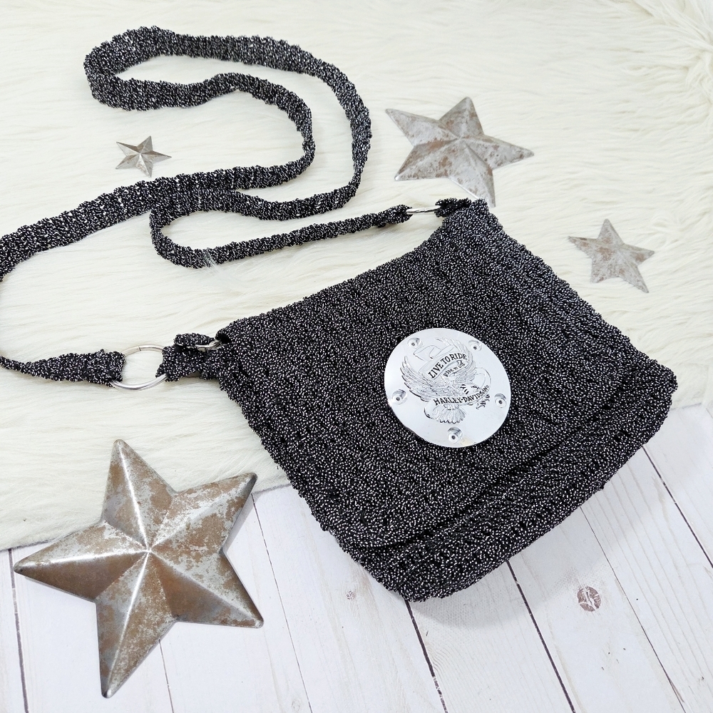 Vintage Harley Davidson Knit Crossbody Purse Metallic Silver Black Crochet